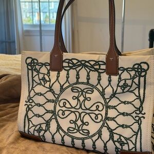 Tory Burch Cream and Green Rope Design Tote